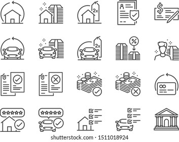 Refinance line icon set. Included icons as mortgage, loan, interest rate, asset, home, car and more.