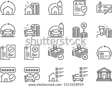 Refinance line icon set. Included icons as mortgage, loan, interest rate, asset, home, car and more.