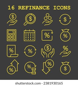 Refinance process icon dark or night mode set. Loan rate reduction to lender agreements symbol. Debt obligation with better interest rate. Housing loan, real estate mortgage. Flat vector illustration