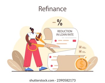 Refinance process. Loan rate reduction to lender agreements. Debt obligation with better interest rate. Housing loan, real estate mortgage. Flat vector illustration