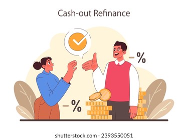 Refinance process. Loan rate reduction to lender agreements. Debt obligation with better interest rate. Housing loan, real estate mortgage. Flat vector illustration