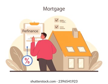Refinance process. Loan rate reduction to lender agreements. Debt obligation with better interest rate. Housing loan, real estate mortgage. Flat vector illustration