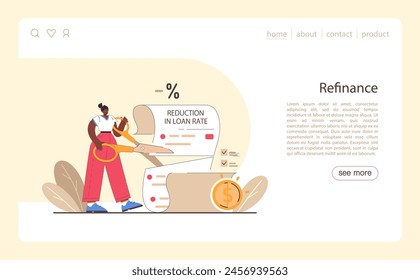 Refinance process web or landing. Loan rate reduction to lender agreements. Debt obligation with better interest rate. Housing loan, real estate mortgage. Flat vector illustration