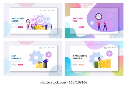 Refinance, Saving Budget, Money Refund Stock Market Website Landing Page Set. People Growing Wealth. Cogwheel Mechanism Processing, Time Management Web Page Banner. Cartoon Flat Vector Illustration