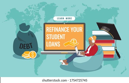 Refinance Student Loans Text At Laptop Screen. Loan Icon. International Student Searching For Information, Heavy Debt Sack, Books, Graduate Hat, Learn More Button, World Map Background. Vector Banner.