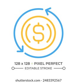 Refinance two color line icon. Replacement mortgage. Loan modification. Financial operation. Paying off debt bicolor outline symbol. Duotone linear pictogram. Isolated illustration. Editable stroke