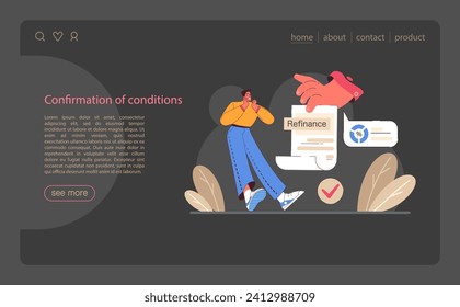 Refinance web or landing dark or night mode. Loan rate reduction to lender agreement. Debt obligation with better interest rate. Housing loan, real estate mortgage. Flat vector illustration