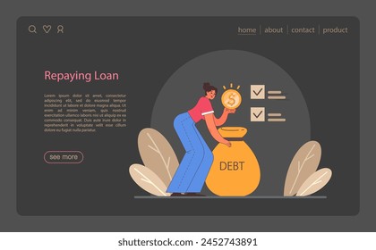 Refinance web or landing dark or night mode. Loan rate reduction to lender agreement. Debt obligation with better interest rate. Housing loan, real estate mortgage. Flat vector illustration