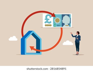 Refinancing in British pound sterling. Invest in house, property purchase, loan refinance. House mortgage refinancing, real estate investment. Modern vector illustration in flat style