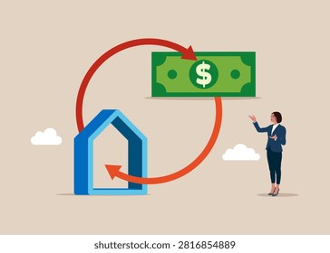 Refinancing in dollar. Invest in house, property purchase, loan refinance. House mortgage refinancing, real estate investment. Modern vector illustration in flat style
