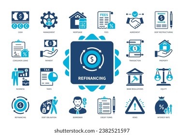 Refinancing icon set. Credit Terms, Mortgage, Debt Obligation, Consumer Loans, Interest Rate, Property, Conditions, Agreement. Duotone color solid icons