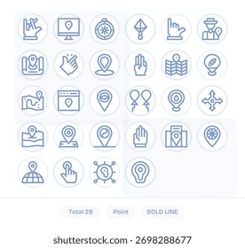 Interfaz de usuario del producto Refinar con 28 iconos de línea en negrita que incorporan Point, coherente en todos los estados.