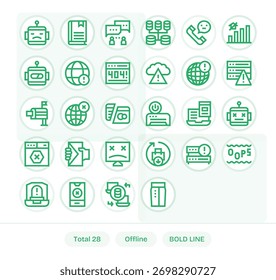 Refine os visuais do produto usando 28 ícones Bold Line inspirados no Offline, com métricas consistentes.
