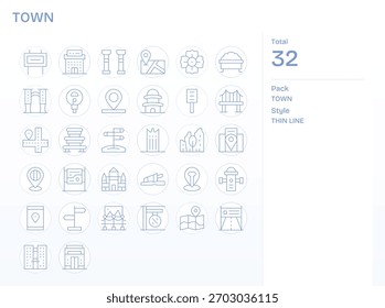 Verfeinern Sie Ihre Marke mit 32 Thin Line-Symbolen auf der Basis von Town, ideal für Apps, Websites und Dashboards.