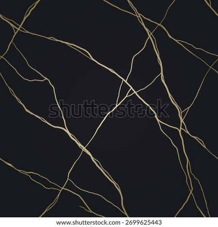 A refined abstract pattern with glowing gold veins on a deep charcoal background, inspired by Japanese kintsugi art symbolizing beauty, repair, and luxury.