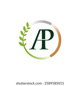 Refined AP logo within a circular leaf frame. Suggests growth, harmony, or eco-consciousness. Minimalist vector, ideal for nature-related brands, wellness businesses, or personal branding