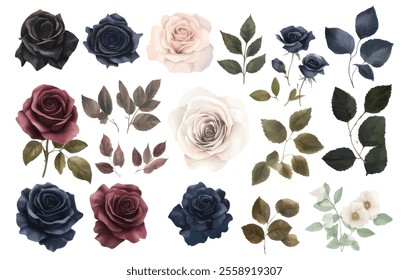 A refined assortment of roses and foliage in neutral tones, featuring black, navy, blush, and cream hues with detailed leaves.
