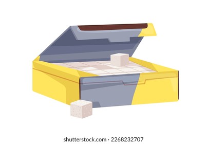 Refined beet sugar cube pieces, blocks in carton box, open package. Sweet food ingredient, lumps packed in cardboard. Flat vector illustration isolated on white background