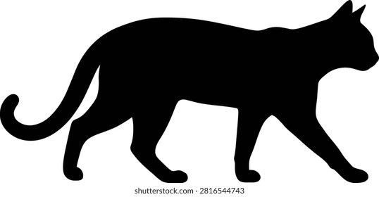 A refined black silhouette of a cat in a prowling stance offering a sleek and sophisticated look. Ideal for creative projects pet supply branding or high-end graphic design templates.
