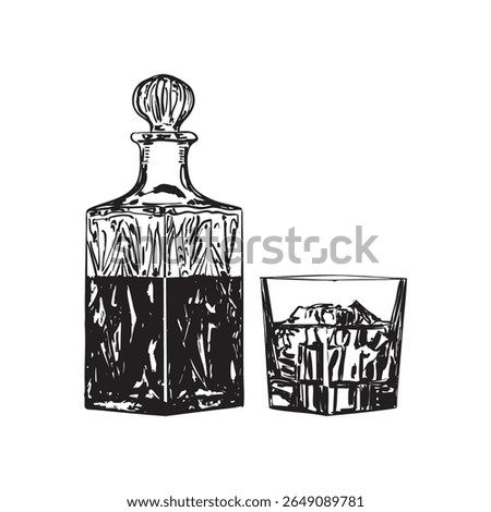 Refined black and white illustration of an elegant whiskey set with decanter and glasses. Ideal for upscale bar branding, packaging, menus, or vintage-style product designs.