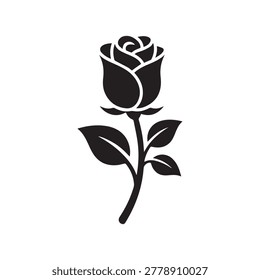 A refined black and white illustration of a single rose with detailed petals and leaves, rendered in a smooth, high-contrast style. The composition highlights the delicate curves and natural form of t.