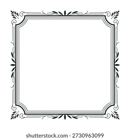 Eine raffinierte schwarz-weiße Vektorgrafik eines quadratischen Rahmens mit klaren Linien und zarten Blattakzenten, perfekt für formale Dokumente, Einladungen oder elegante Designprojekte.