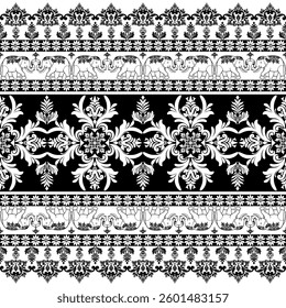 Refined black-and-white seamless pattern with baroque floral motifs and majestic elephant designs. Perfect for textile design, interior design, wallpaper, and craft projects with a formal elegance.