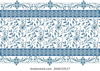 refined blue floral border with sketch line details and decorative stems perfect for home accessories and bedding

