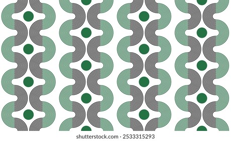 Refined bohemian striped ogee ovals green Vector Pattern. Retro dots line stripes geometrics green black white seamless pattern.