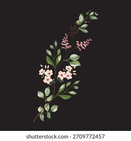 Una refinada obra de arte botánico con delicadas flores rosadas y exuberante follaje verde sobre un fondo oscuro. Esta elegante composición floral es ideal para el embalaje de lujo, impresiones de pared, patrón de tela