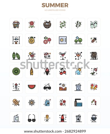 Refined bundle featuring 42 LineFill vector icons for Summer, optimized with 128x128 PIXEL perfect quality for elegant and functional design solutions.