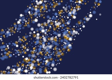 Refined Christmas star holiday pattern graphic design. Gold blue white twinkle decoration. Banner starburst backdrop. Christmas star icon elements. Party random print.