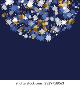 Refined Christmas star vector background illustration. Gold blue white sparkle confetti. Poster starburst ornament. Christmas star shape particles. Night beautiful wallpaper.