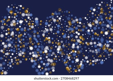 Verfeinertes Weihnachtsstern, Vektorhintergrund, Grafikdesign. Goldblau weiß glänzend Konfetti. Schneeflocken-Muster für Poster. Weihnachtsstern Doodle Konfetti. Himmel zufällige Dekoration.
