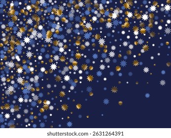 Ilustración de dispersión de Vector de estrella de Navidad refinada. Decoración de destello blanco azul dorado. Fondo de copo de nieve de Anuncio. Elementos de doodle estrella de Navidad. Estampado festivo centelleante.
