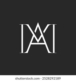 Logotipo refinado de monograma MA o AM de doble letra en un estilo minimalista en blanco y negro, fuente romana serif con dos letras M y A para un emblema clásico para la marca de lujo, proyectos de diseño creativo e identidades visuales.