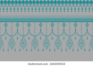 A refined geometric tribal textile pattern in teal and gray, featuring diamond shapes, ornamental borders, and symmetrical hanging motifs. Ideal for ethnic-inspired designs and textile applications.