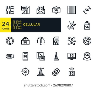 La geometría refinada define estos 24 iconos de Bold Line para Celular, diseñados para facilitar la lectura.