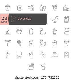 A geometria refinada define esses 32 ícones de linha fina para bebidas, projetados para facilitar a leitura.