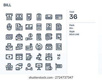 La geometría refinada define estos 36 iconos de Bold Line para Bill, diseñados para facilitar la lectura.