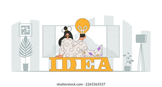 Refined girl holds a light bulb in her hands. Idea concept. trendy character.