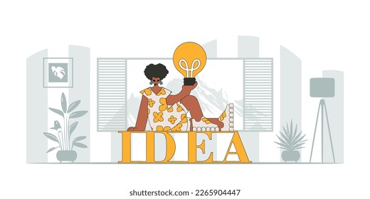 Refined girl holds a light bulb in her hands. Idea theme. Retro trendy style.