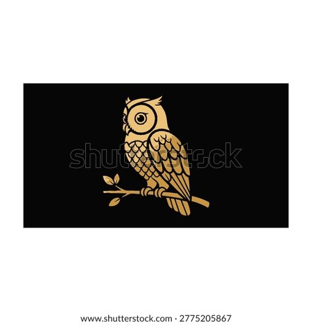 A refined gold colored owl silhouette perched on a detailed branch set against a deep black background. This minimalist design represents wisdom, mystery, and nature.