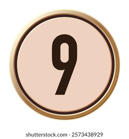 A refined golden number 9 vector icon, perfect for Valentine’s Day projects. Elegant circular design featuring warm beige tones and luxurious accents, ideal for romantic concepts.