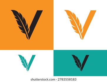 Refined letter V logo concept featuring delicate artistic feather quill pen element ideal for creative writing agencies publishing brands journalism platforms educational institutions or stationery brands seeking elegant sophisticated and classic imagery.