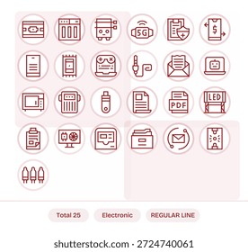 Uma biblioteca refinada de 25 ícones de linha regular criados para a Electronic, ideal para o design empresarial.