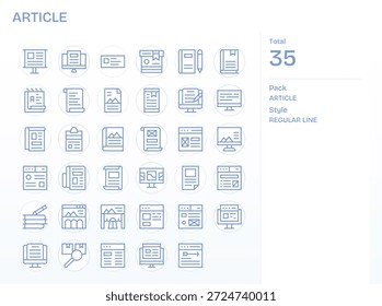 Uma biblioteca refinada de 35 ícones de linha regular criados para o Article, ideal para o design empresarial.