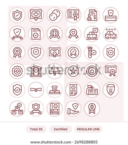 A refined library of 35 Regular Line icons crafted for Certified, ideal for enterprise design.