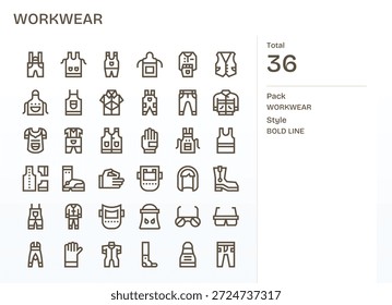 Uma biblioteca refinada de 36 ícones da Bold Line criados para o Workwear, ideal para o design empresarial.