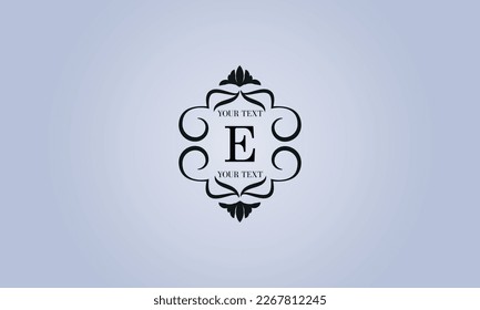 Raffiniertes Logo mit dem Buchstaben E in der Mitte (Zeichen, Symbol, Emblem, Ornament). Modernes Vektormonogramm mit Platz für Text.